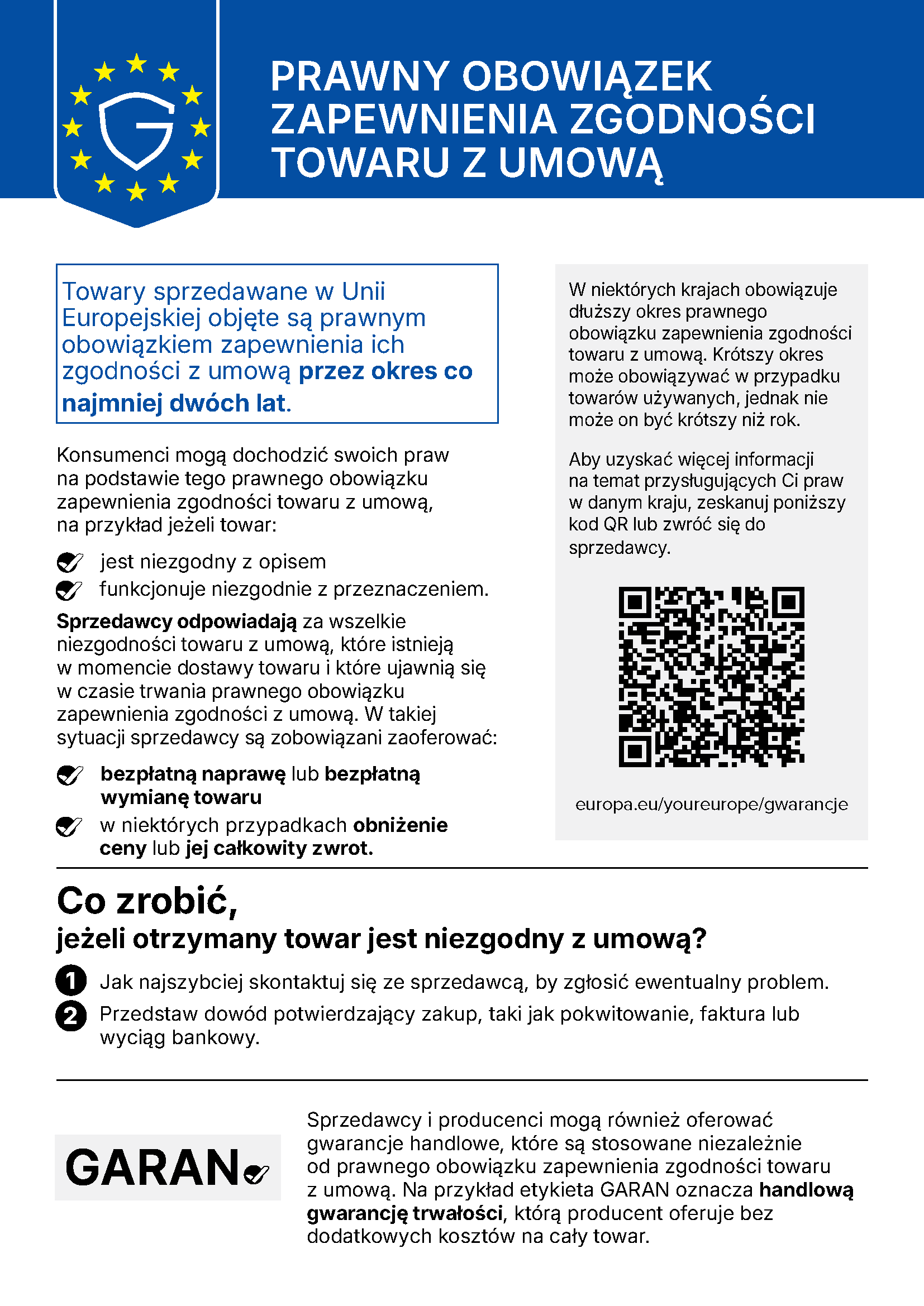 Oficjalne zawiadomienie UE dotyczące rękojmi