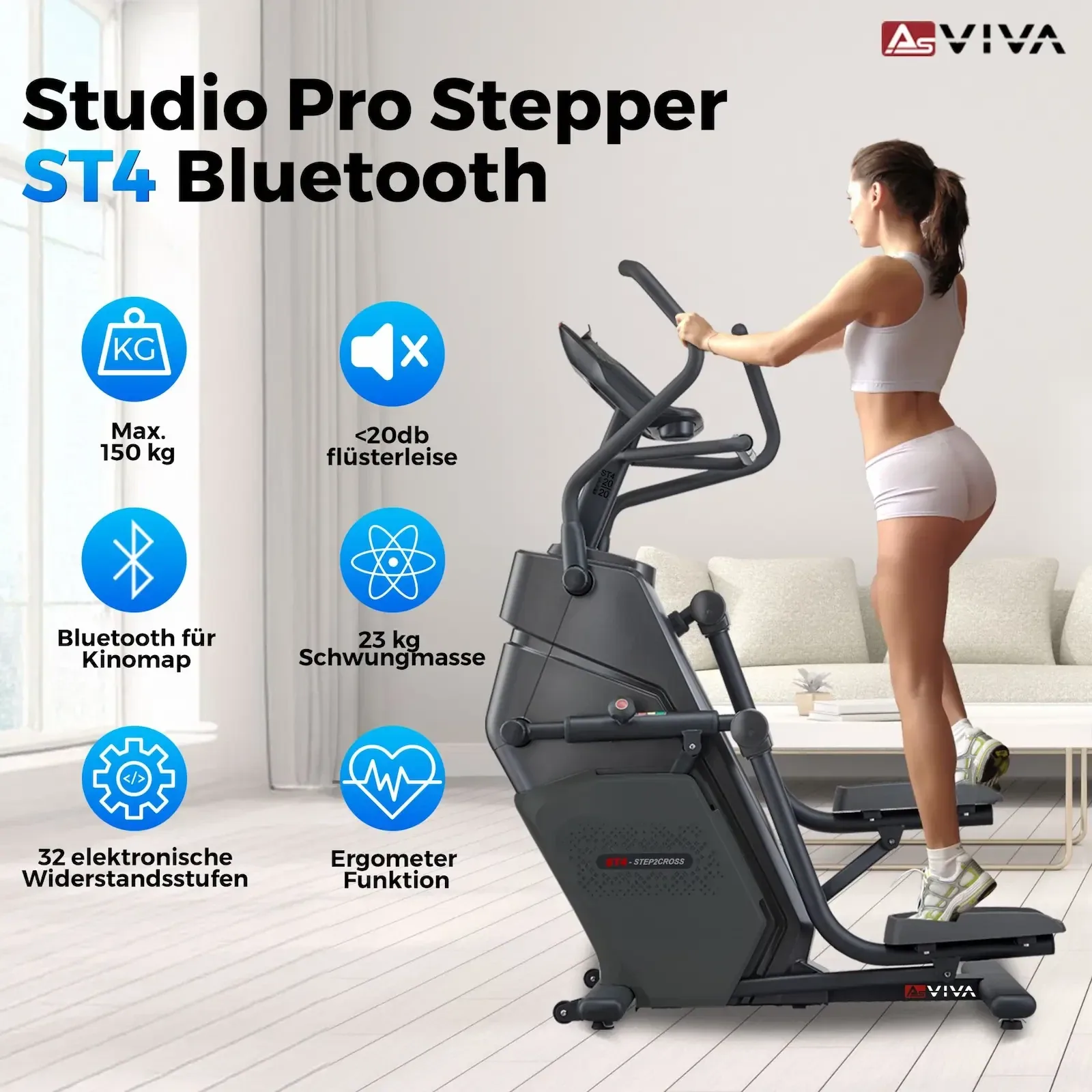 AsVIVA Studio Pro Stepper ST4 – Ausstattung im Überblick: max. 150 kg, flüsterleise, Bluetooth für Kinomap, 23 kg Schwungmasse, 32 Widerstandsstufen, Ergometer-Funktion