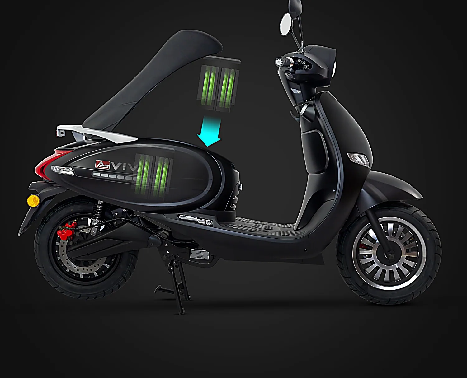 AsVIVA EM2 E-Scooter mit herausnehmbarem 60V 22,4Ah Lithium-Ionen-Akku unter der Sitzbank