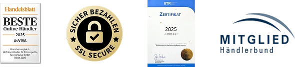 Wyróżnienia: Handelsblatt Beste Online-Händler 2025, płatność zabezpieczona SSL, certyfikat ETR 2025, członek Händlerbund