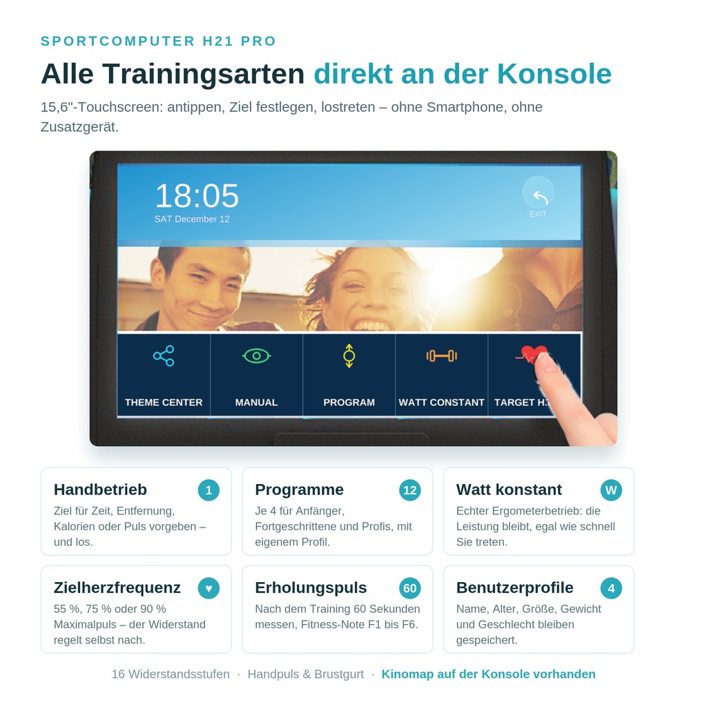AsVIVA rower stacjonarny H21 Pro Wi-Fi – konsola z 12 programami, stałą mocą i docelowym tętnem
