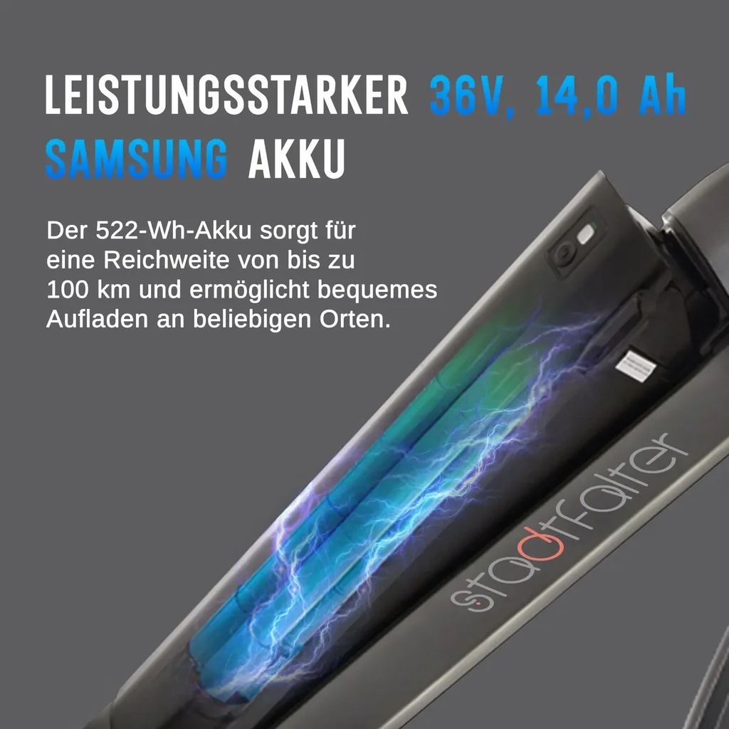 Entnehmbarer Samsung-Akku – bis zu 100 km Reichweite