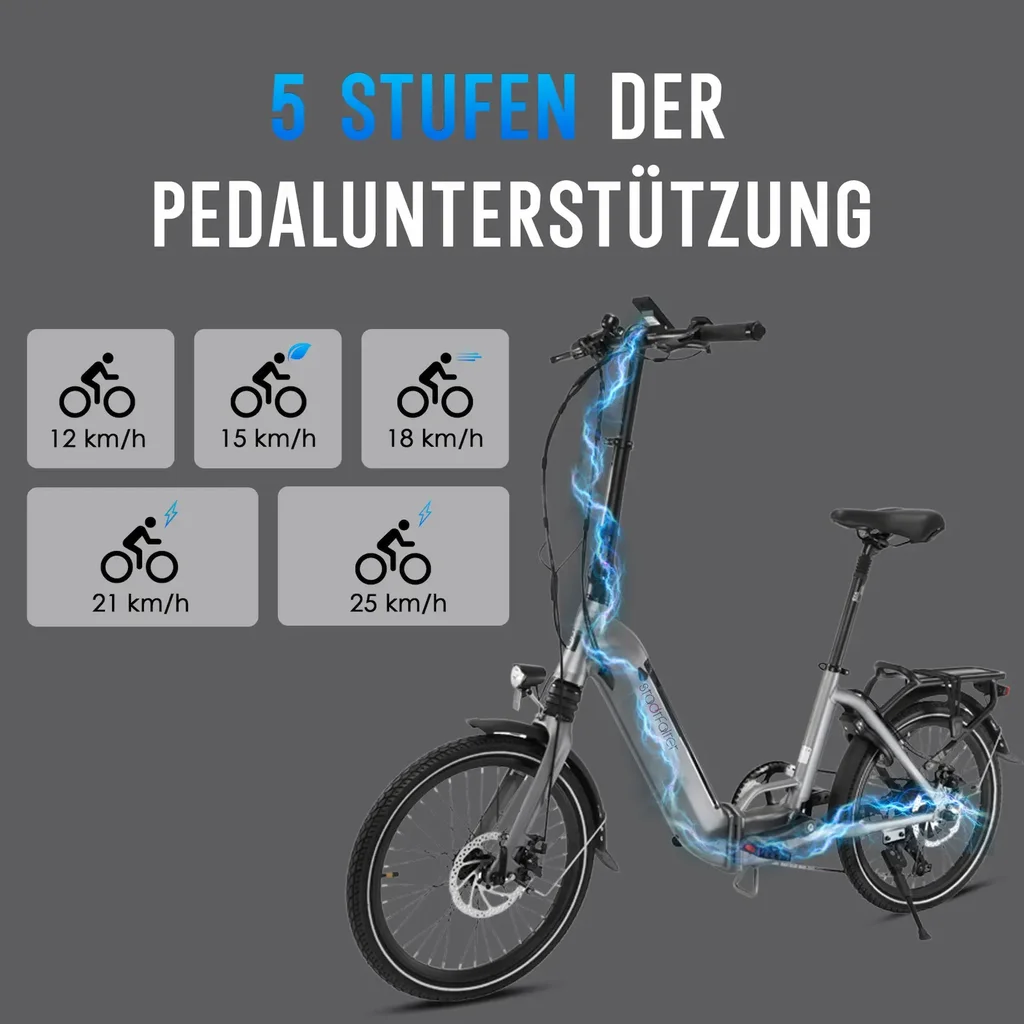Rower elektryczny składany AsVIVA E-Bike Stadtfalter B13 – poziomy wspomagania