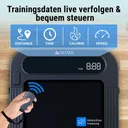 Wyświetlacz bieżni AsVIVA Walking Pad T25 pokazuje dane treningowe, takie jak czas, dystans, prędkość i kalorie