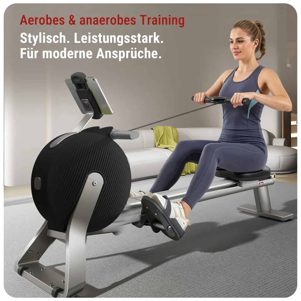 Trening aerobowy i anaerobowy na wioślarzu AsVIVA RA20 w kolorze czarnym