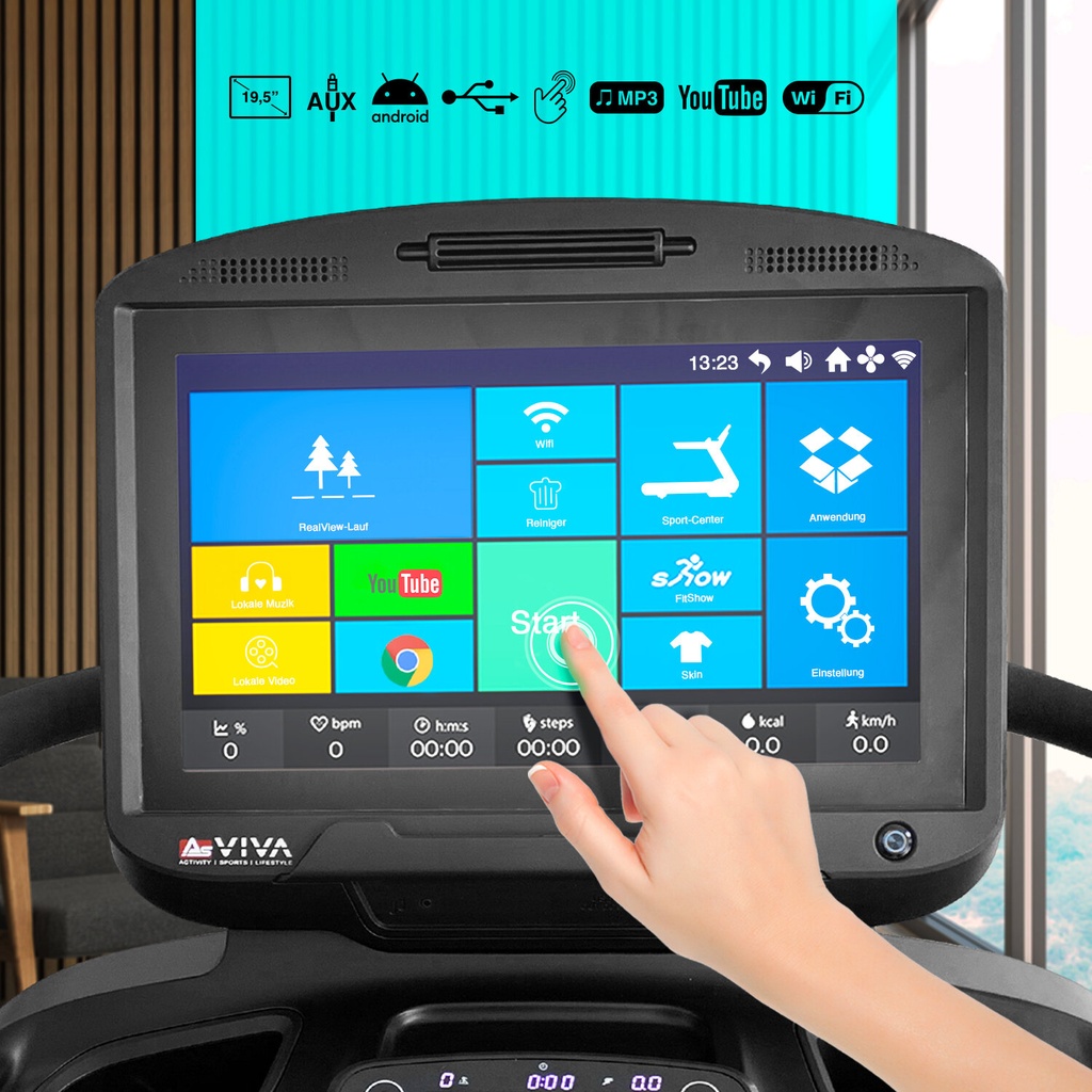 Laufband Studio Pro T22 (Modell V9TPLUS, Konsole 19,5 Zoll) – Touch-Konsole 19,5 Zoll mit Android-Oberfläche