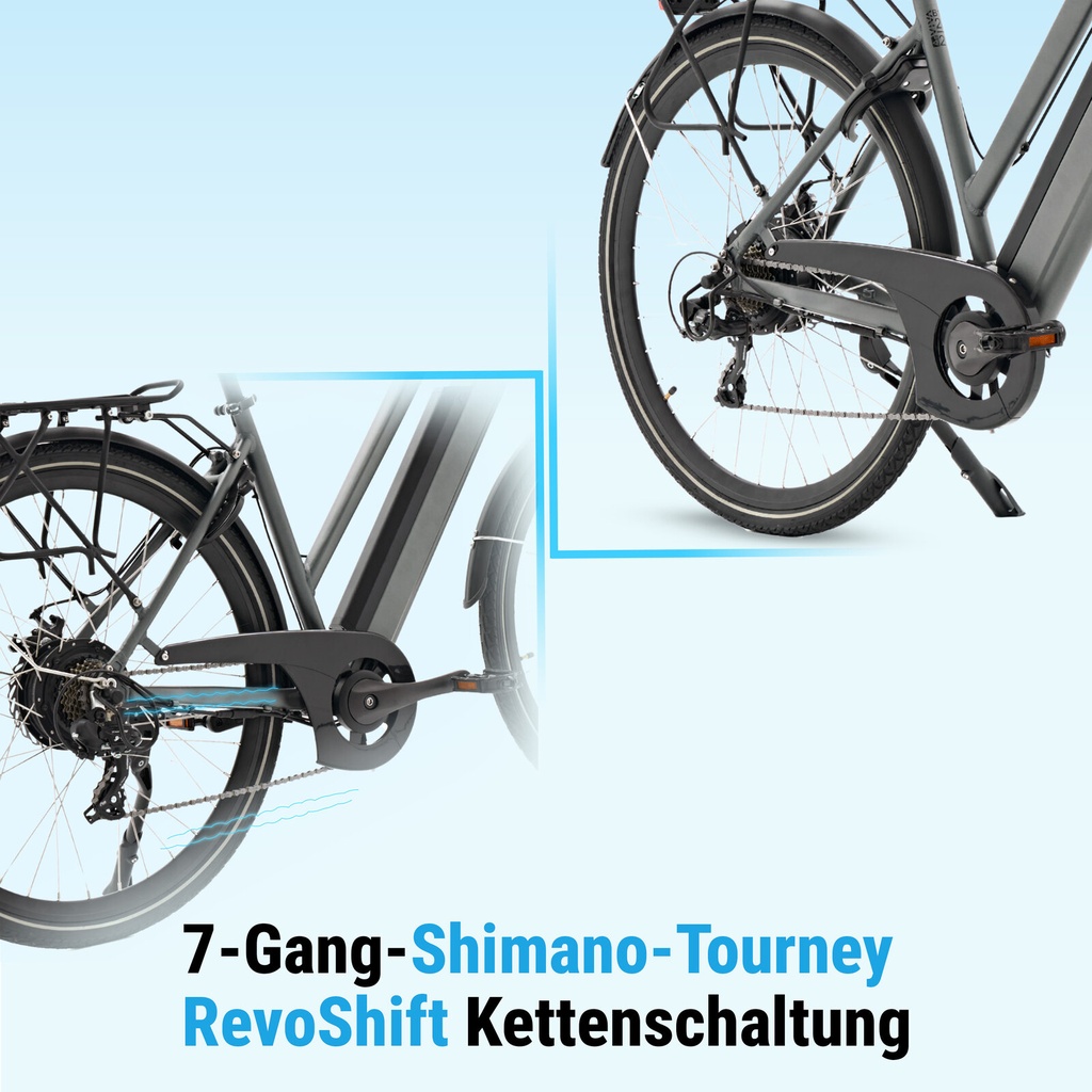 City E-Bike B15 (Grau, brauner Sattel, breites Display) – 7-Gang-Kettenschaltung