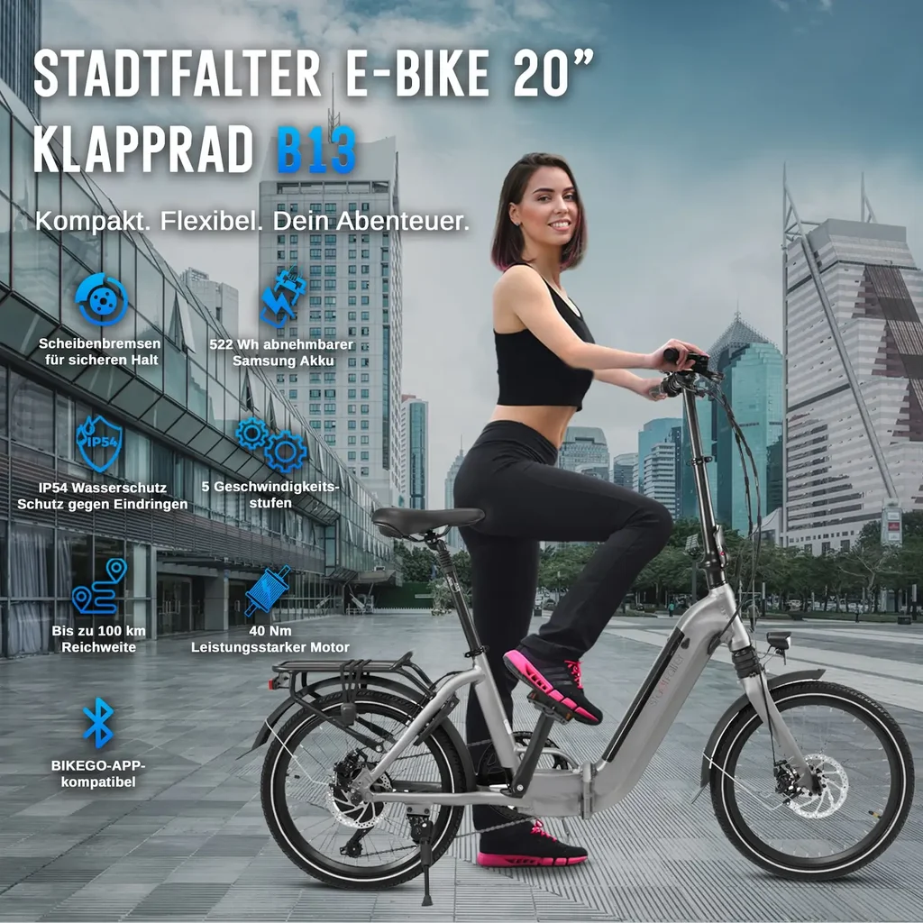 Przegląd zalet i wyposażenia szarego składanego roweru elektrycznego AsVIVA E-Bike Stadtfalter B13