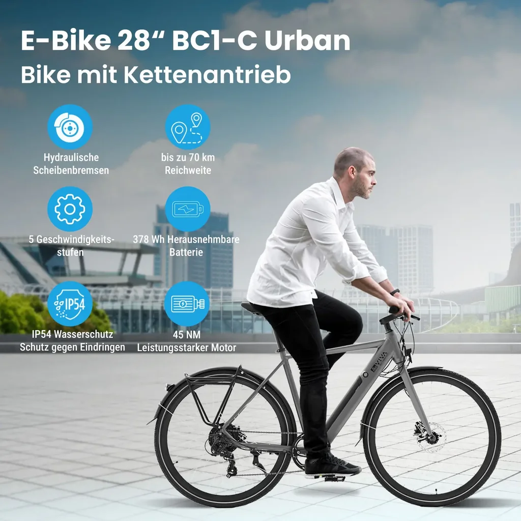 AsVIVA BC1C – miejski rower elektryczny 28 cali z napędem łańcuchowym, zasięgiem 70 km i silnikiem 250 W